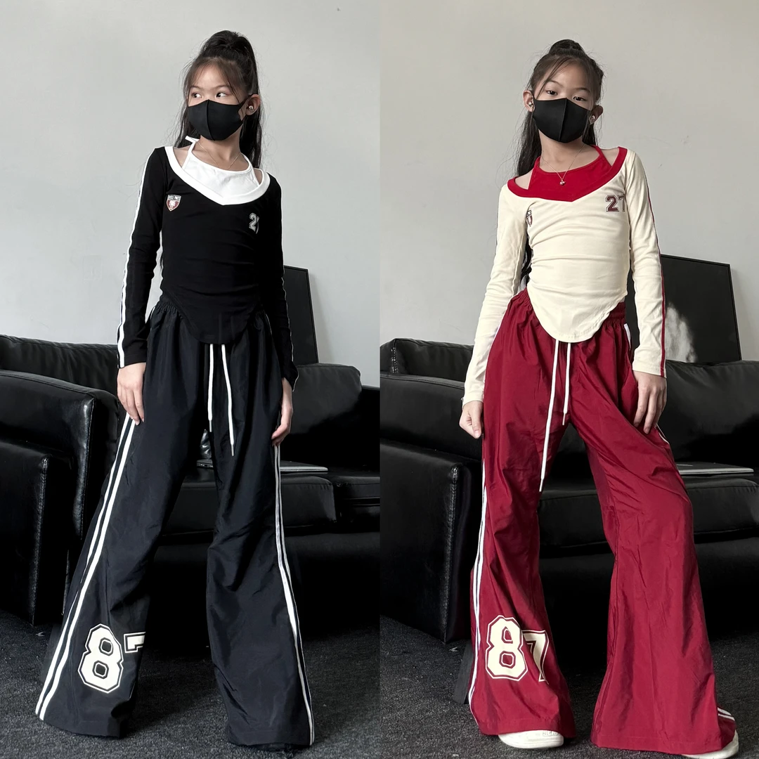 潮酷女童美式运动风上衣长袖显瘦显腿长喇叭裤少儿女团爵士舞套装