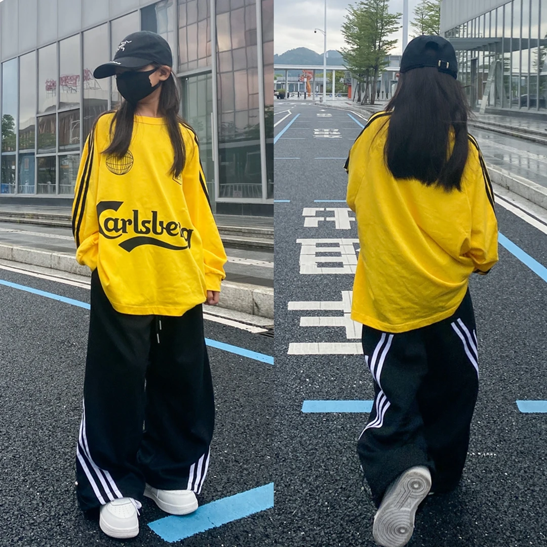春秋新款男女儿童宽松嘻哈hiphop长袖T恤运动裤两件套街舞服潮酷