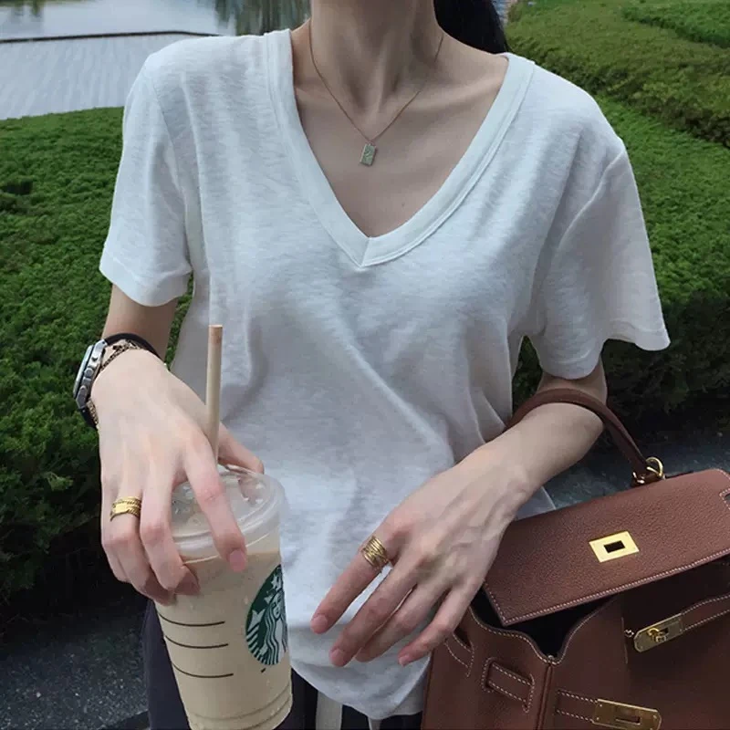 奥代尔竹节棉v领t恤女宽松显瘦百搭新款2023夏季微胖穿搭白色上衣