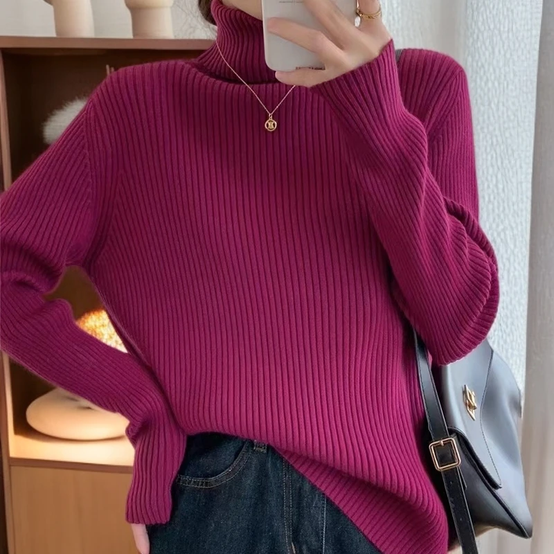 高领厚毛衣女宽松慵懒风冬季坑条加厚毛衣外穿内搭时尚显瘦打底衫