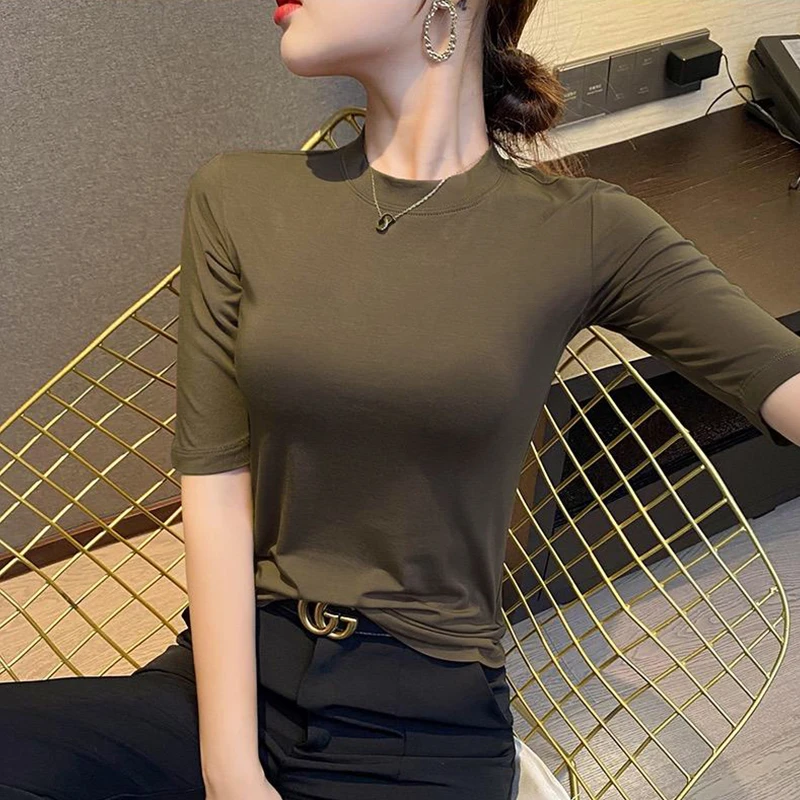 春秋新款气质中袖t恤女时尚百搭纯色打底衫女半高领五分袖上衣