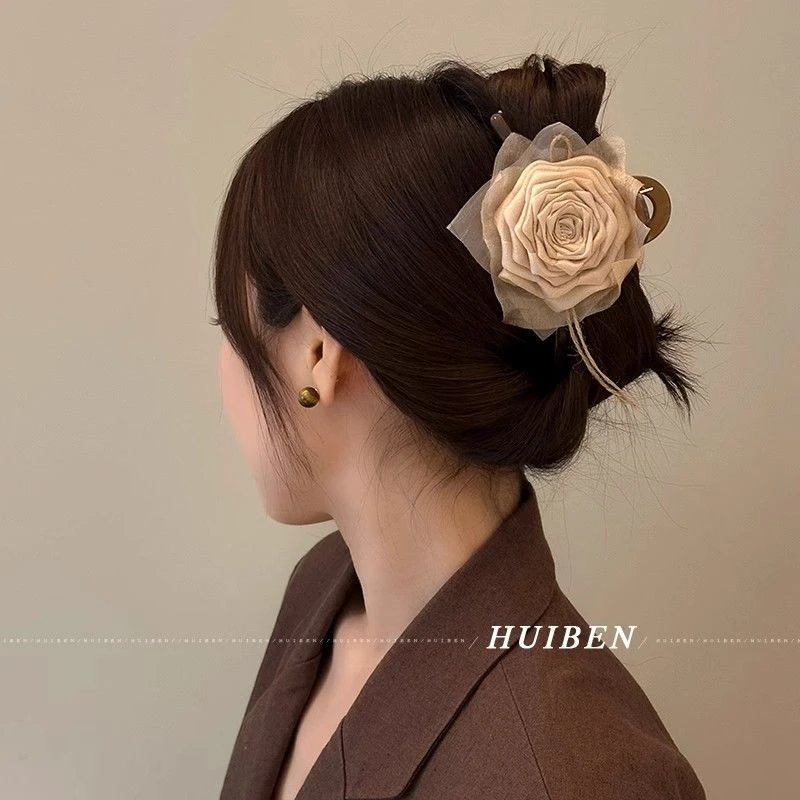干枯玫瑰~美拉德花朵抓夹女秋冬大号后脑勺鲨鱼夹盘发抓碎发夹子