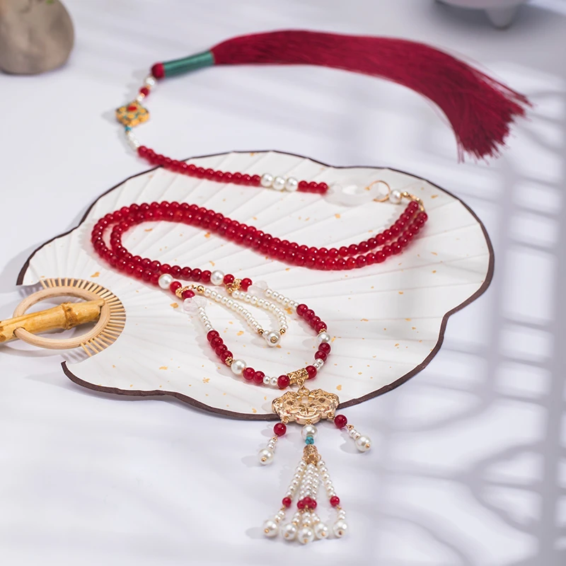 合金项链 新中式背云长款流苏璎珞红色汉服马面裙配饰