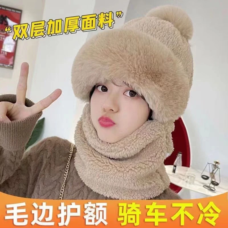 2022新款秋冬新款帽子围巾手套一体三件套可爱保暖加厚女士毛绒帽