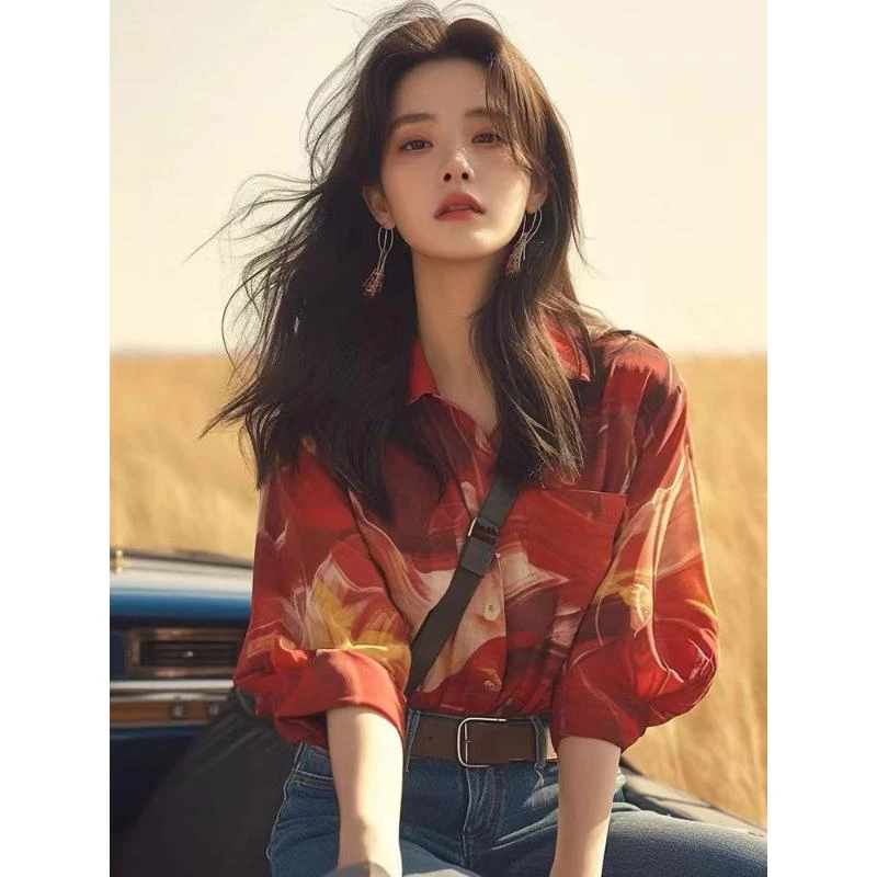 2024春秋季新款洋气独特衬衣漂亮上衣法式气质小香风红色晕染衬衫