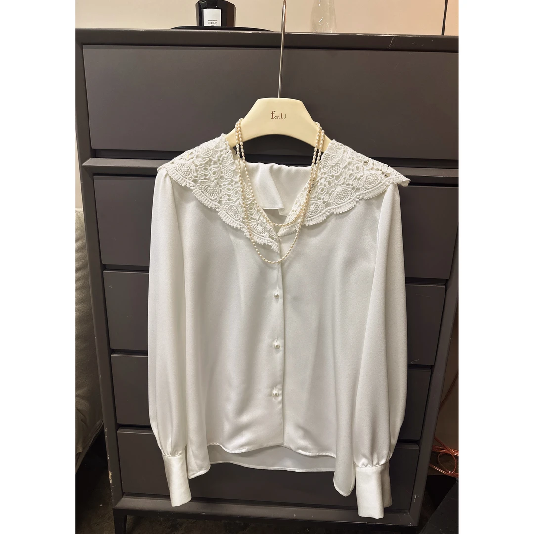 （宫廷风）面料高级通勤百搭蕾丝领V领衬衫深圳南油