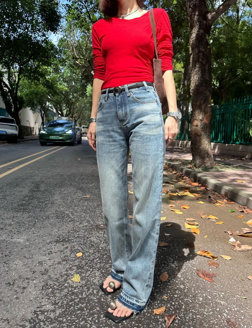 Q-《解锁裤边中腰直腿牛仔裤》复古修身休闲秋季-D8053显瘦