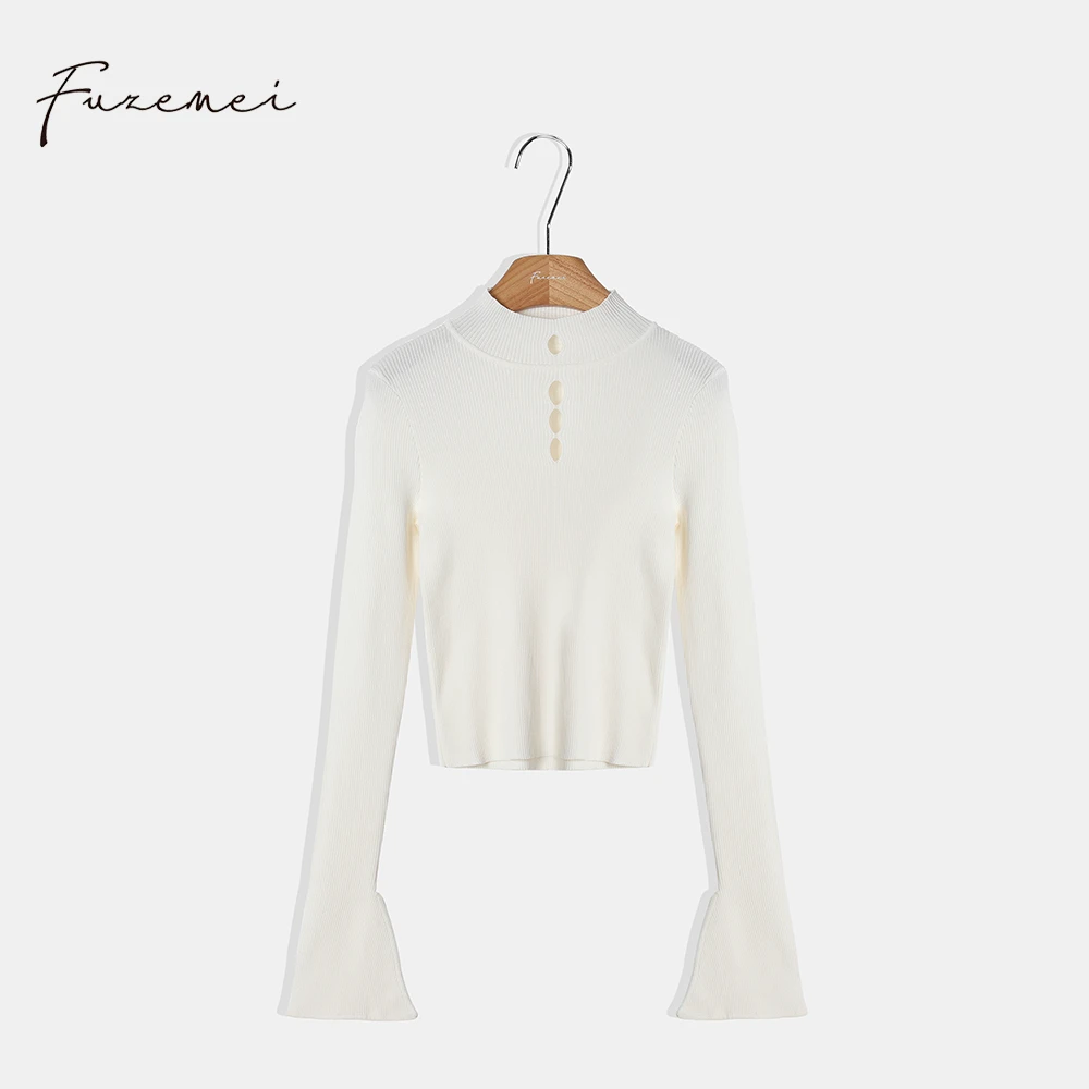 FUZEMEI/负责美《高领打孔长袖上衣》时尚气质百搭女士秋冬设计师