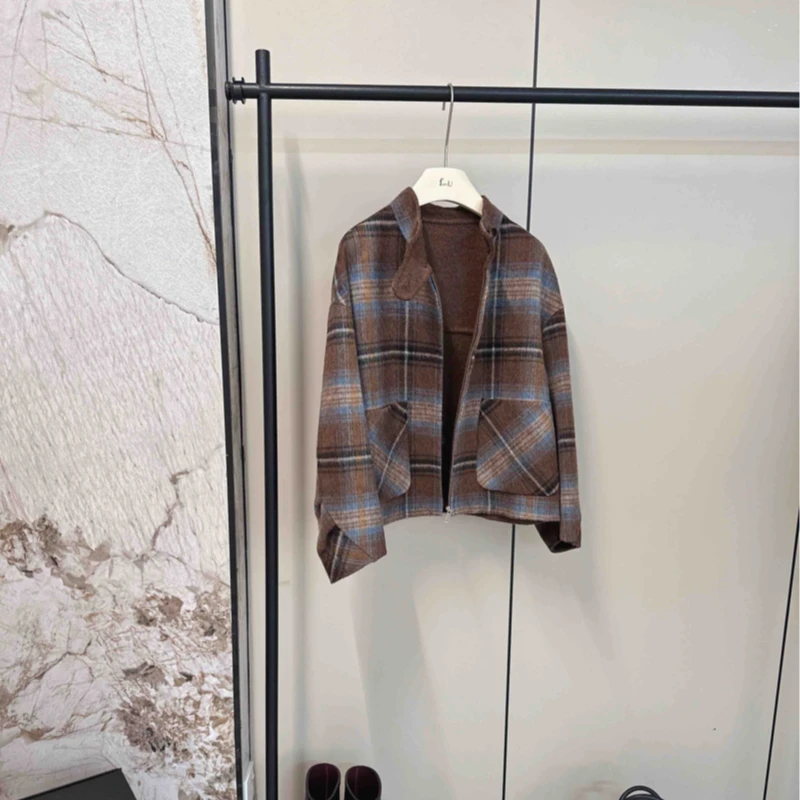 （格子立领）韩系撞色小众复古格子羊毛外套深圳南油短款