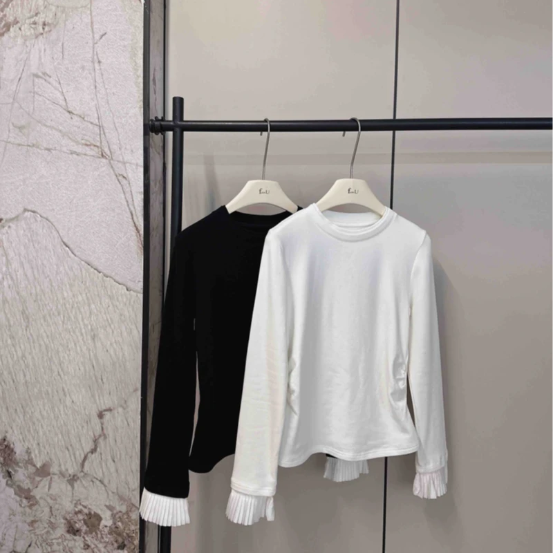 (牙箜褶磨毛T)韩系软糯磨毛弹力显瘦拼接袖子长袖T深圳南油