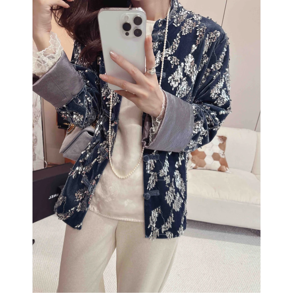 （月如金箔）重工珠片刺绣大气时尚盘扣外套深圳南油