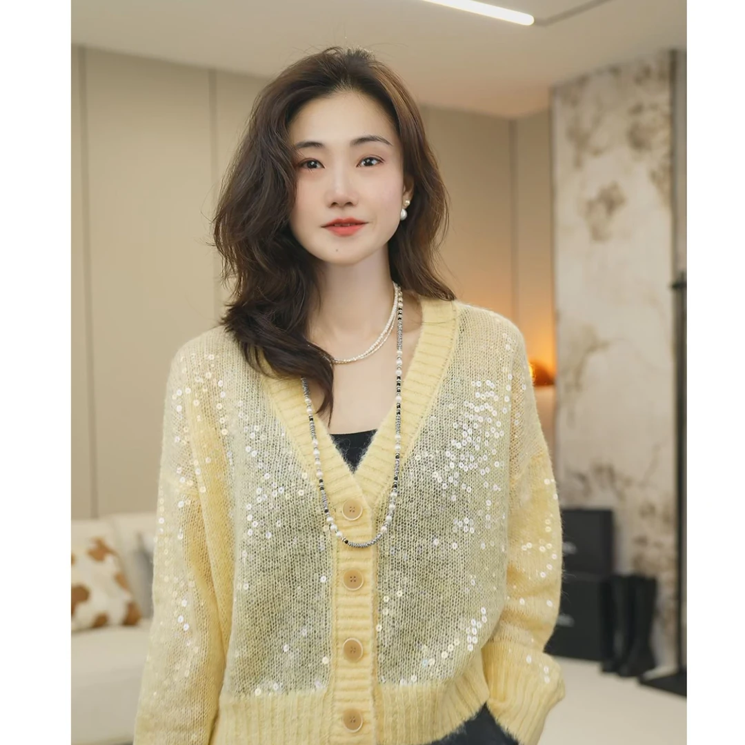 （柔光）松弛有度亮片v领长袖开衫 S4818 深圳南油蕾丝