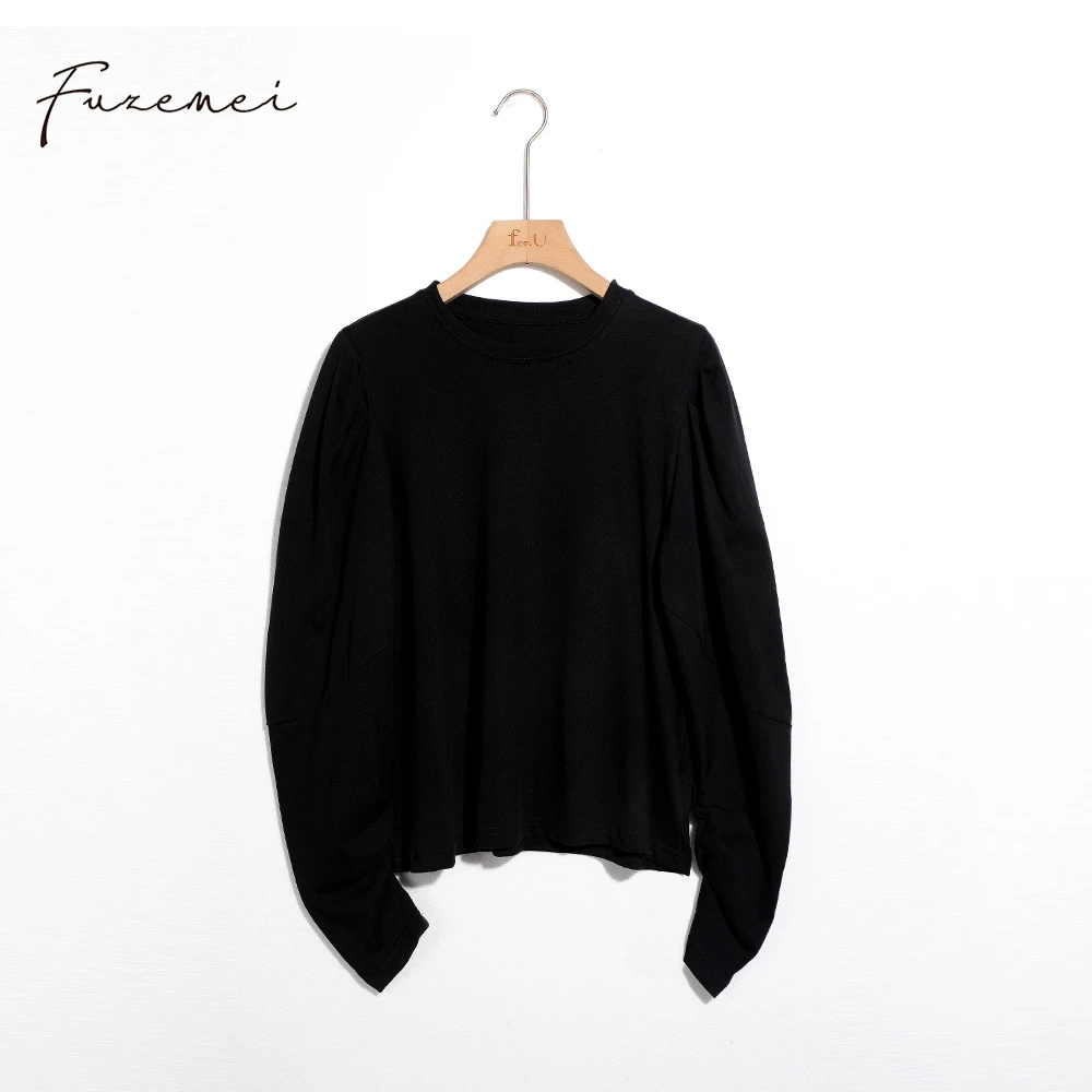 《羊腿袖圆领上衣》时尚长袖百搭秋冬纯色女士休闲Y01