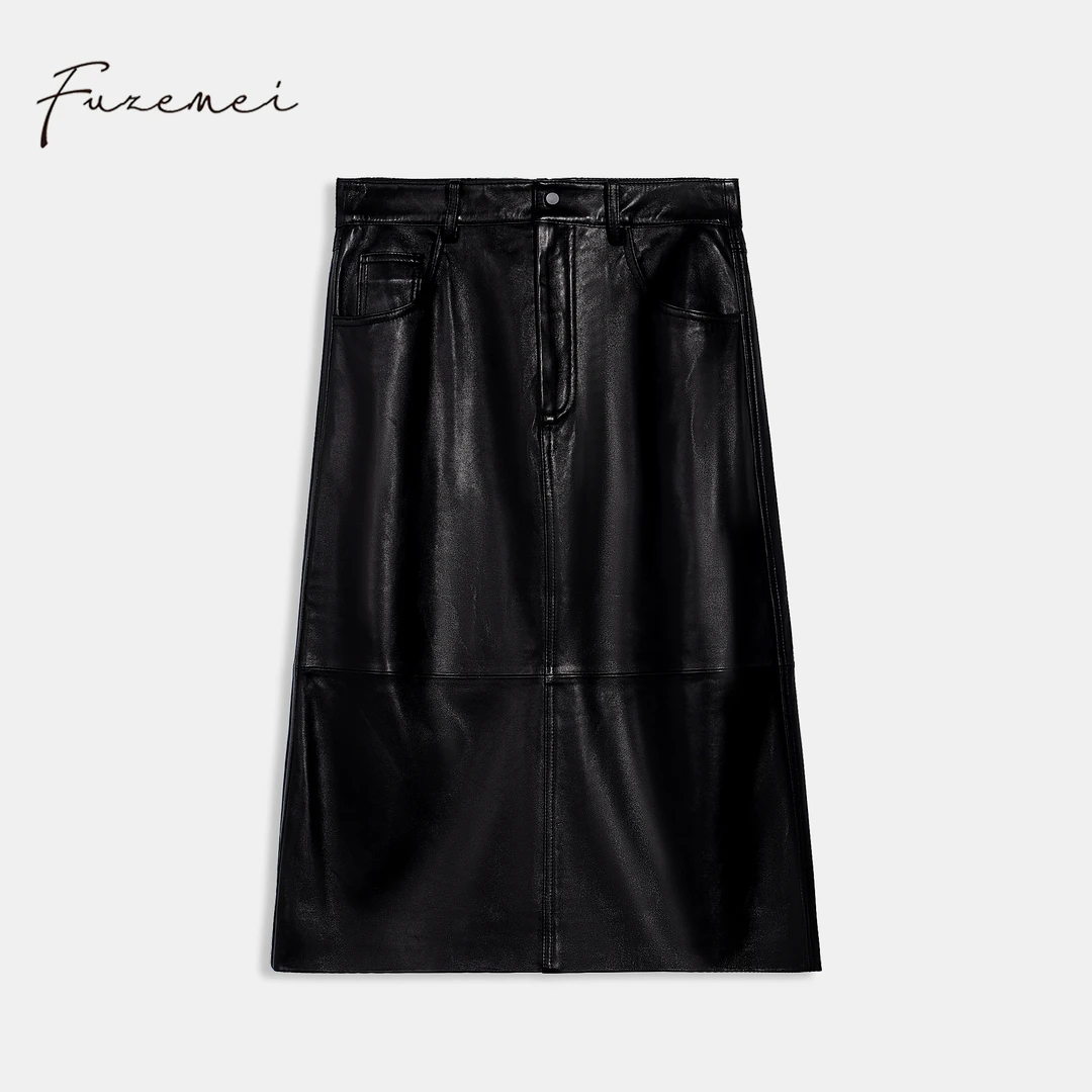 《西班牙进口小羊皮半裙》时尚春季秋季简约百搭气质A字女士休闲