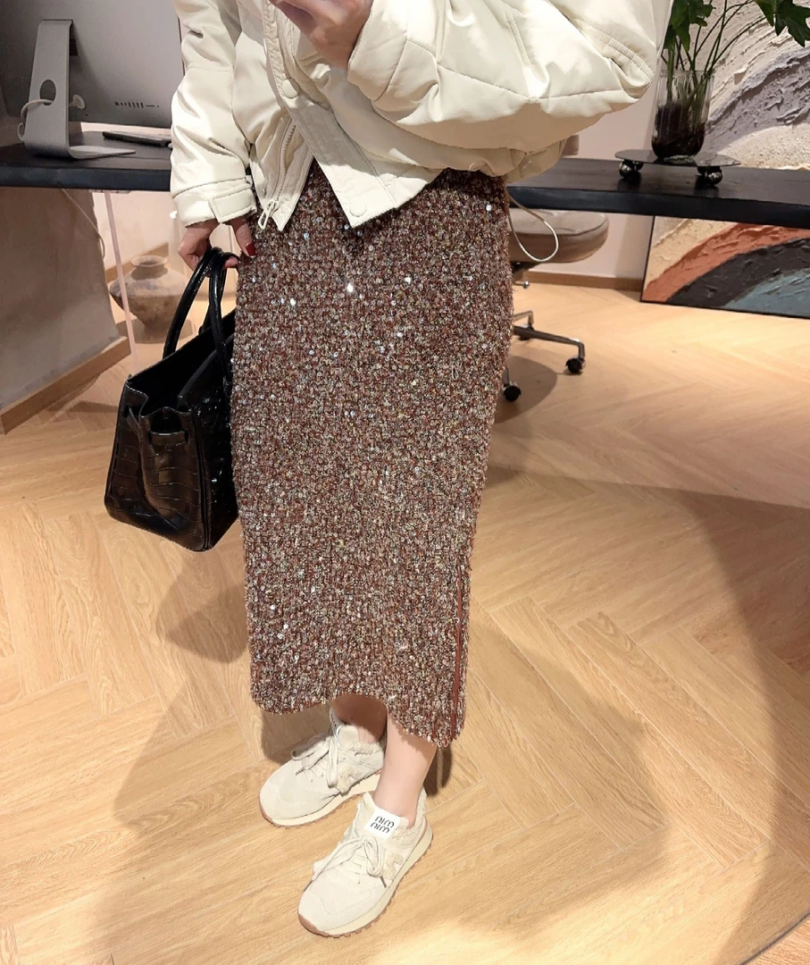 深圳南油《名媛重工亮片裙》显瘦半身裙高腰时尚秋冬A字百搭开叉