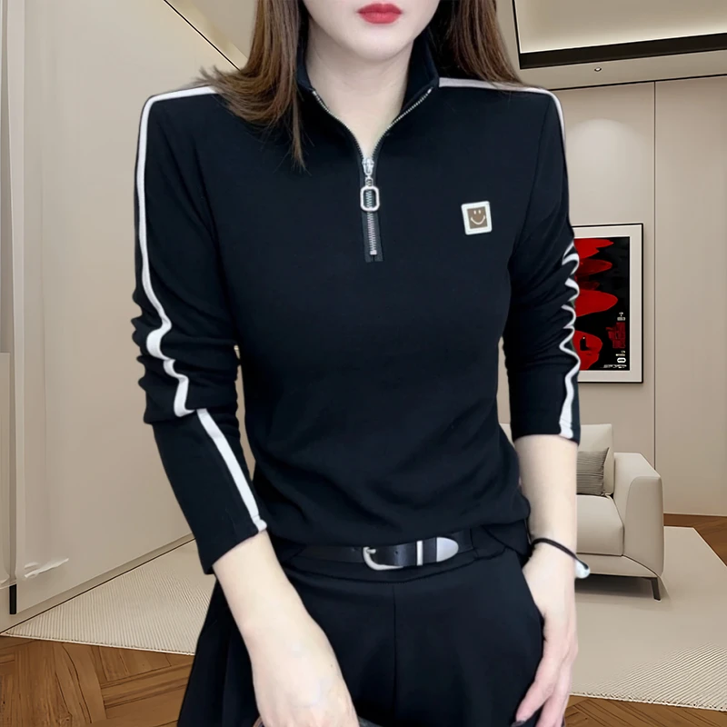 2025新款春季加厚保暖打底高档双面绒立领长袖拉链遮肉显瘦上衣女