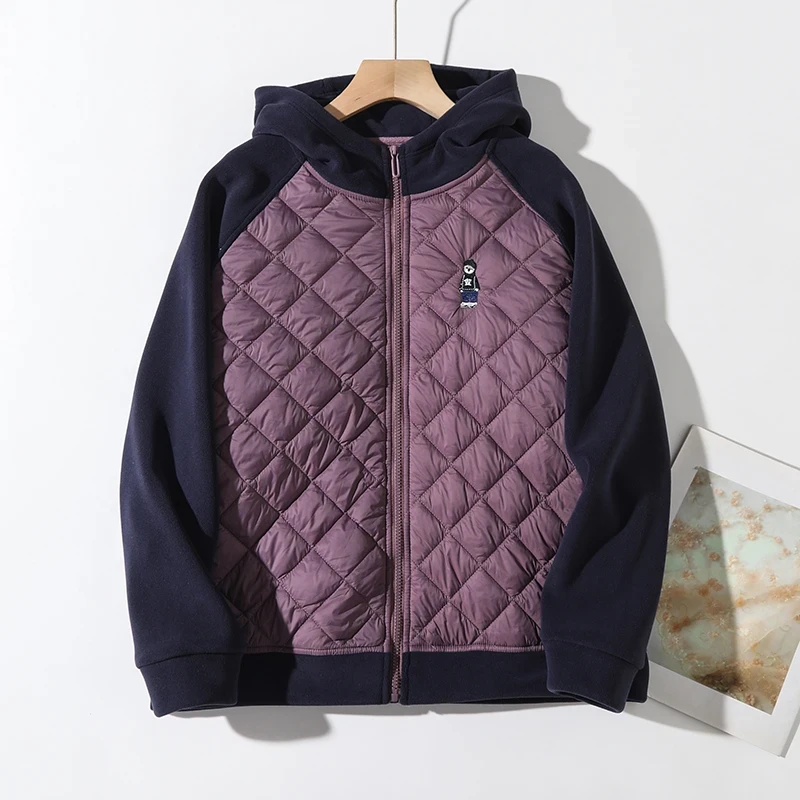 韩版简约保暖连帽外套女2025新款春季小熊刺绣菱形格时尚休闲百搭