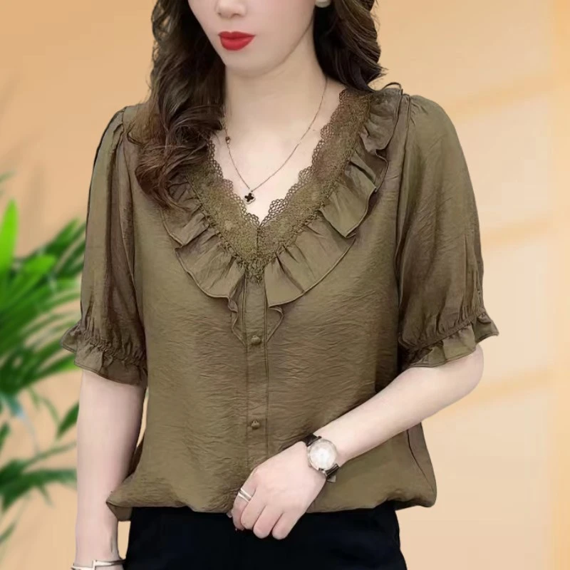 2024高档短袖花边领夏季新款宽松遮肚子上衣时尚百搭雪纺衫衬衣女