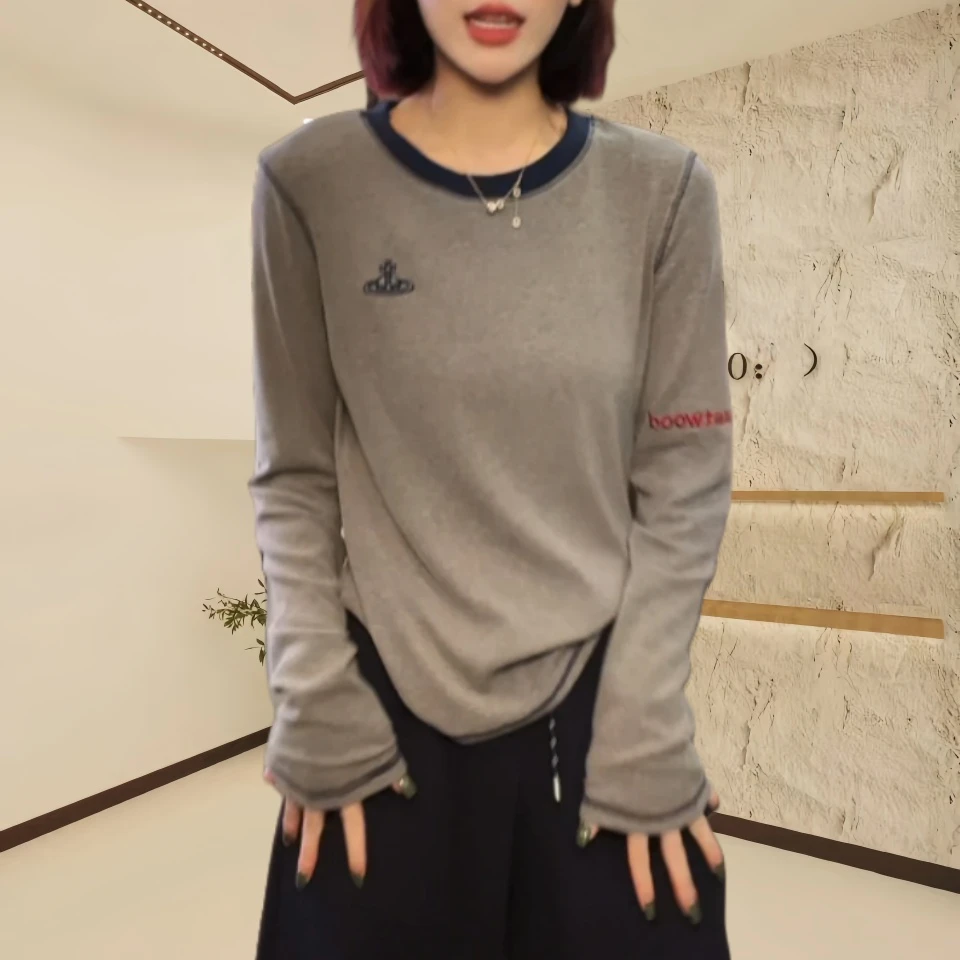 字母刺绣打底衫t恤女长袖2024春秋季新款宽松灰色明线上衣