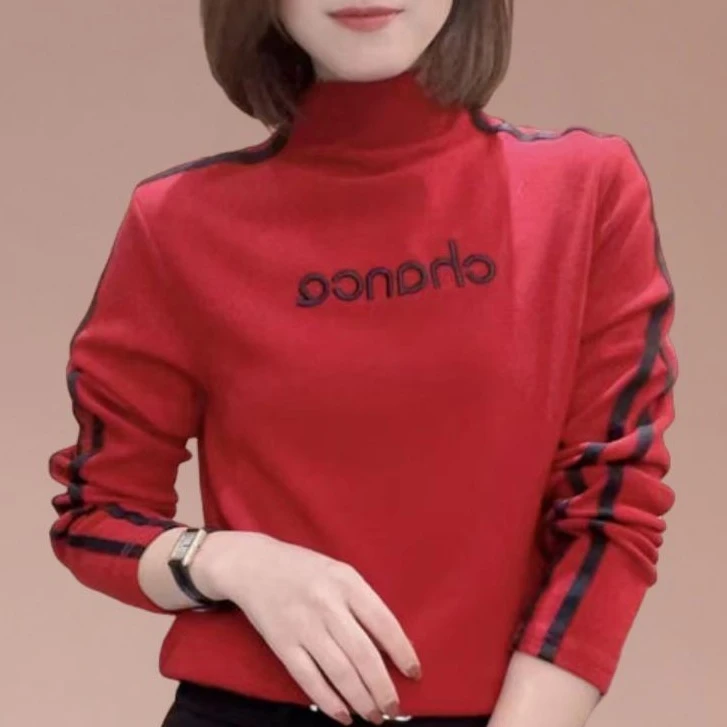 2024纯色打底衫女秋冬新款字母印花长袖内搭高领修身设计感上衣