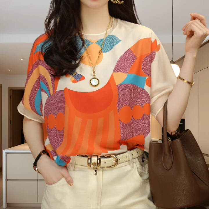 高端印花洋气上衣显瘦百搭减龄女款圆领小衫宽松气质大码女士打底