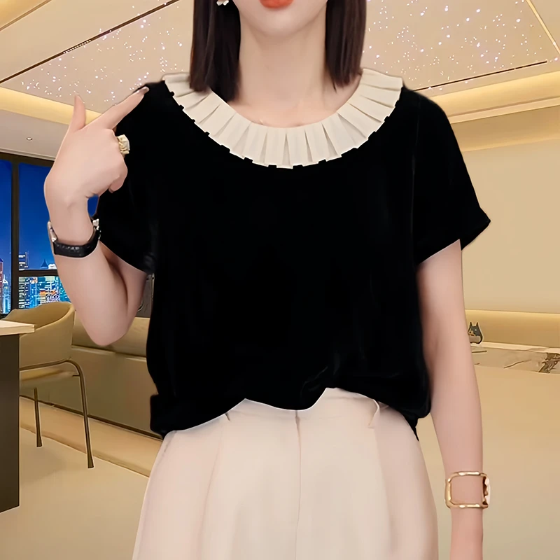 赫本风娃娃领气质衬衫女2024夏季短袖宽松显瘦黑色撞色小衫上衣