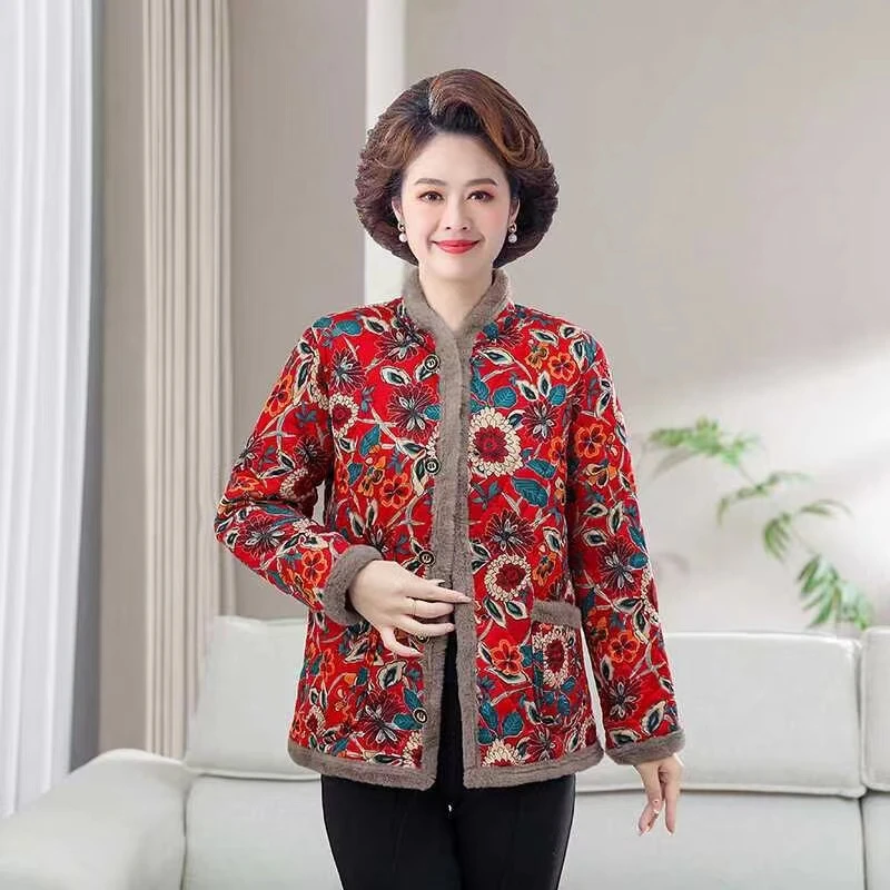 妈妈秋冬小棉衣外套女新款中老年装冬季加绒加厚印花棉袄百搭棉服