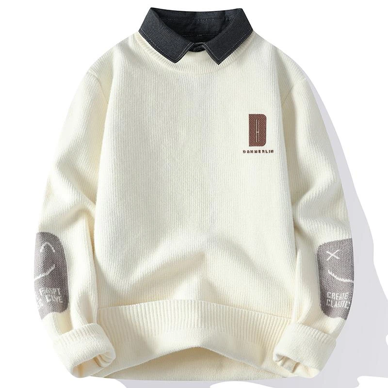 爆款秋冬款内搭针织衫休闲加绒毛衣男款冬季假两件打底高领青少年