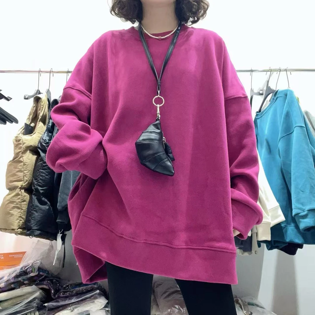 DA.TING【米尼绒】宽松大版中长款加绒加厚高品质宽边纯色亮色卫衣