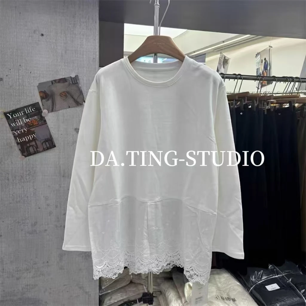 DA.TING【开叉花边】新款下摆花边开叉设计宽松加厚长袖打底白T