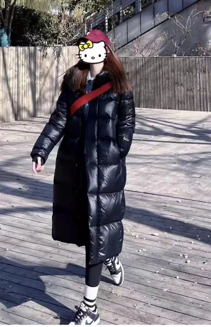 黑金七格长款羽绒服2024新款情侣白鹅绒男女百搭时尚连帽过膝外套