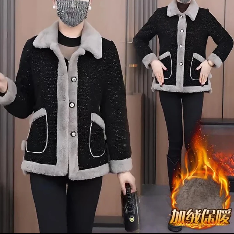 2024新款小香风冬季女加绒加厚翻领外套保暖高贵洋气上衣宽松