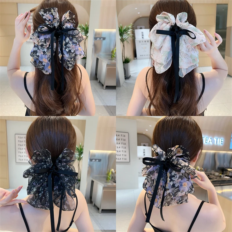 非金属布艺发饰 超仙碎花大蝴蝶结飘带抓夹女后脑勺鲨鱼夹子发饰