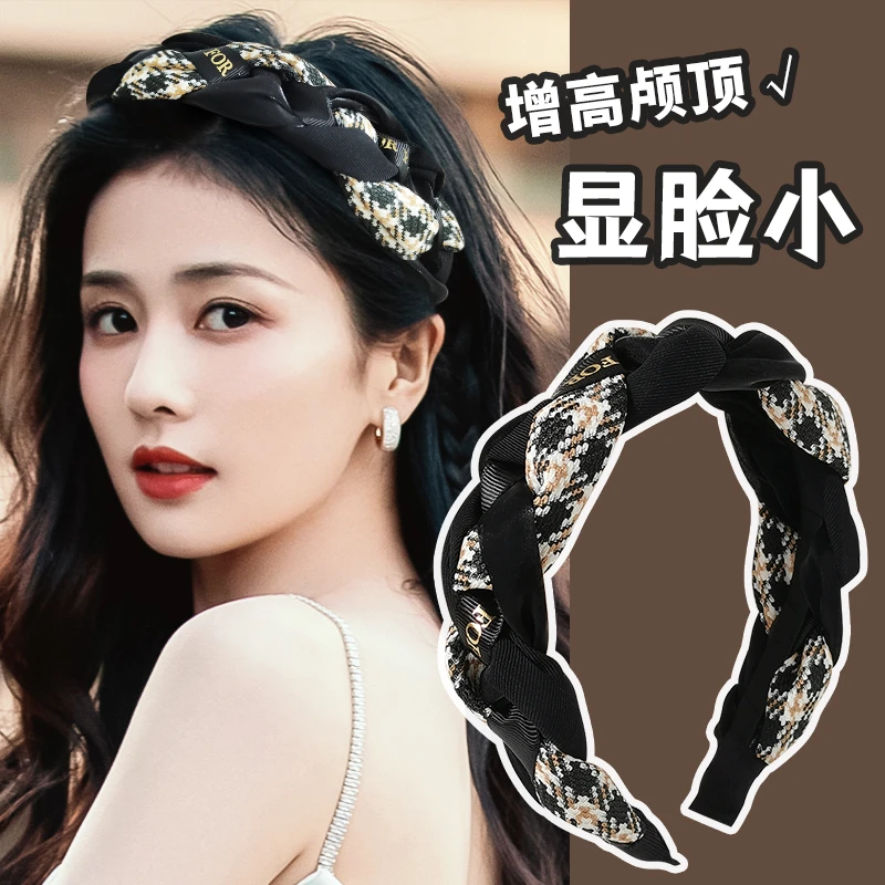 非金属布艺发饰 时尚复古格纹发箍女秋冬外出百搭头箍防滑压发