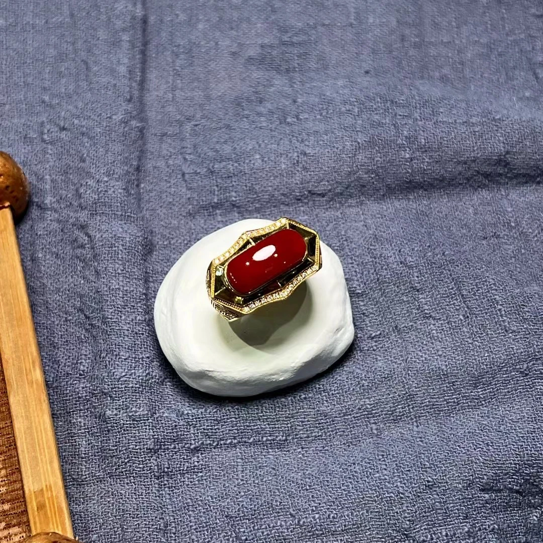 南红锦红戒面高品质精美简单素款镶嵌18k金戒指