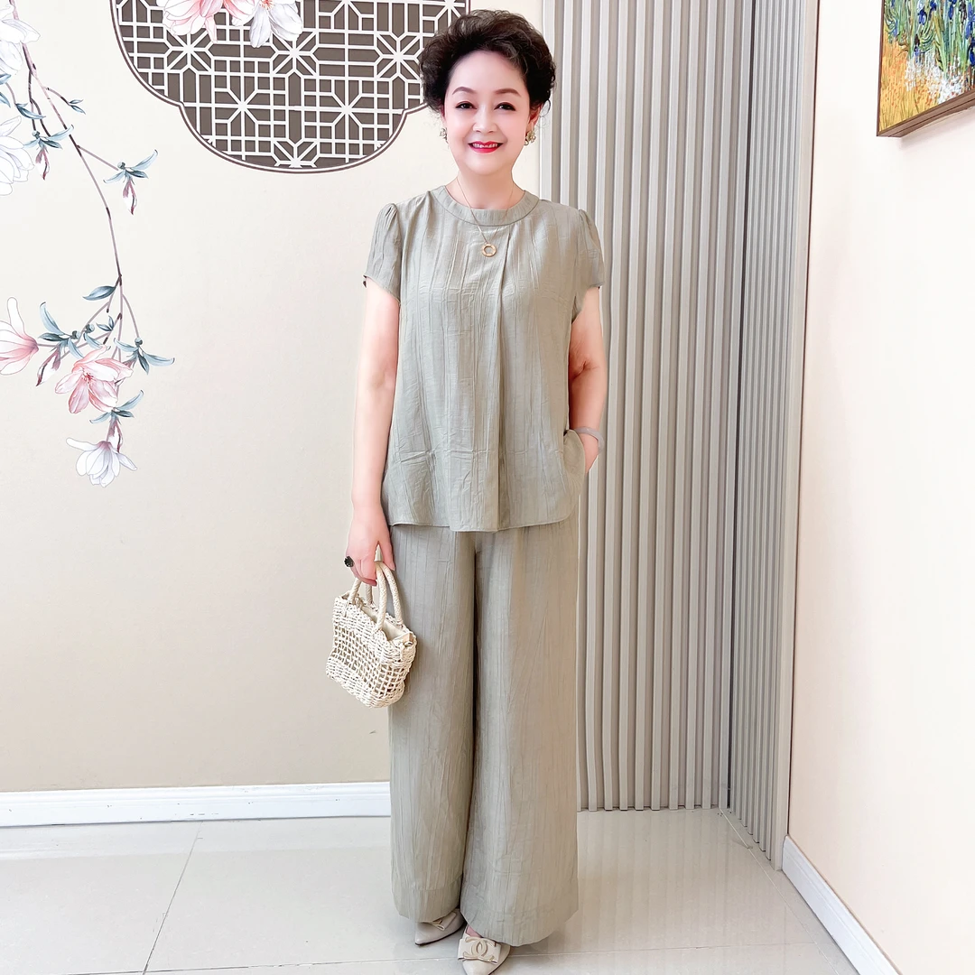 2024夏装新款妈妈装洋气套装中老年人女中年复古短袖T恤薄