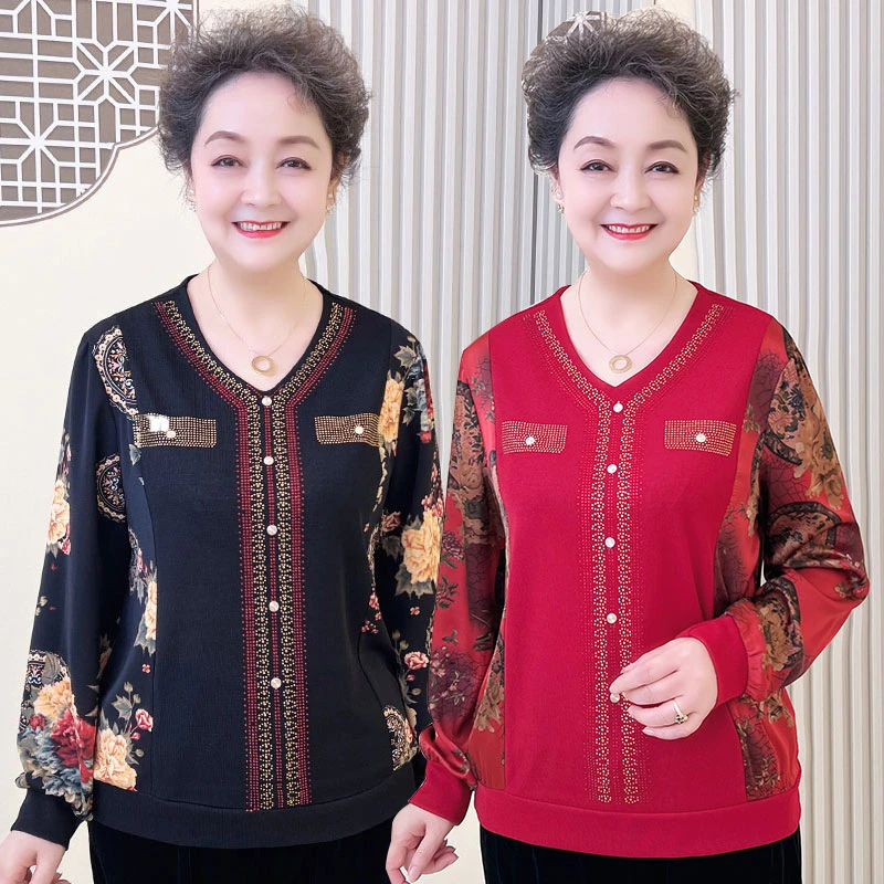 妈妈装秋季小衫中年女装秋装长袖T恤宽松中老年女上衣气质打底衫