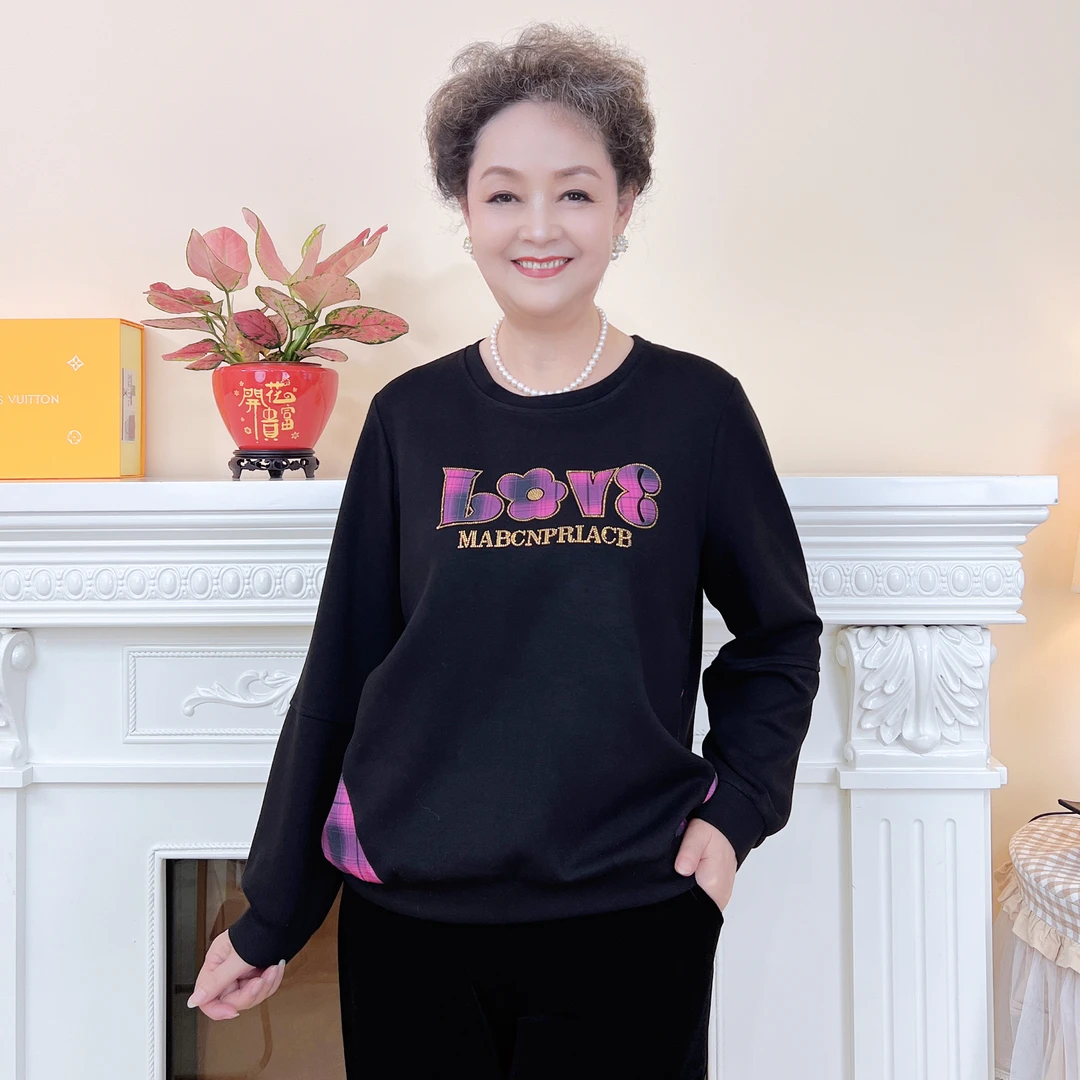 时尚妈妈装秋季新款长袖洋气中年秋装印花T恤宽松中老年上衣气质