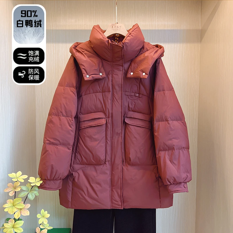 红色保暖羽绒服妈妈装高品质连帽时尚加厚洋气外套中老年本命年冬