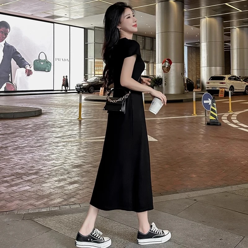 黑色连衣裙女长款短袖长裙气质款遮肚显瘦裙子高腰过膝A字裙夏季