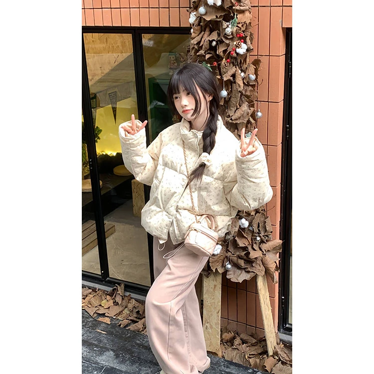 【陈仔4Ever】小个子宽松加厚韩版冬季碎花保暖短款白鸭绒羽绒服