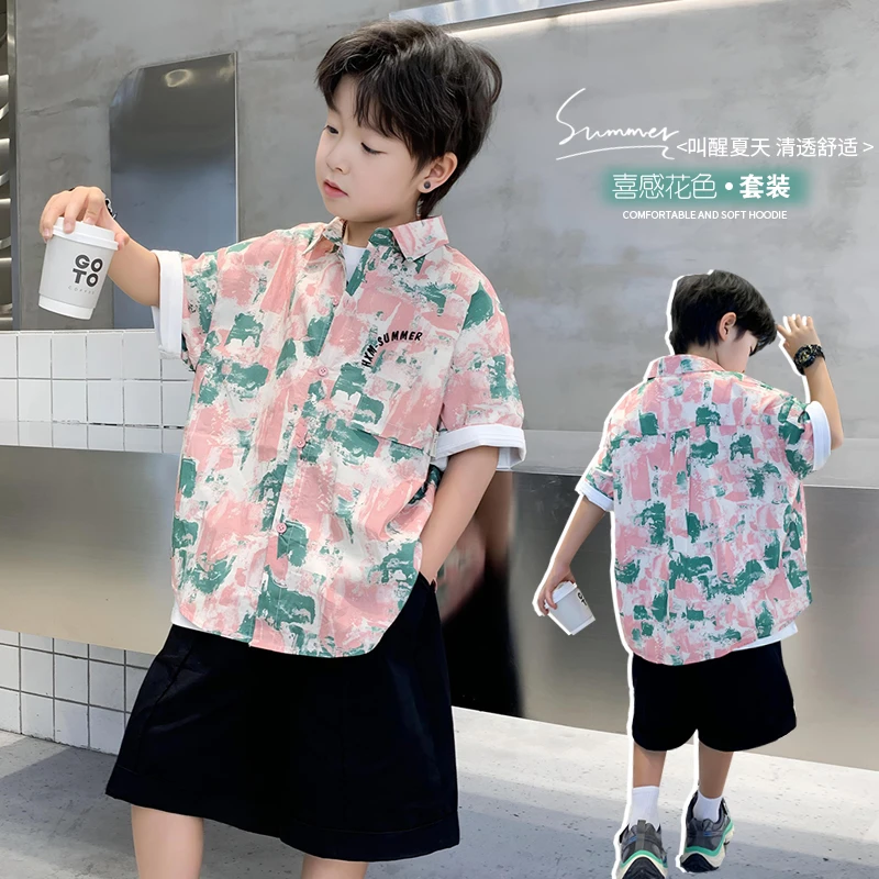男童短袖衬衫套装夏季2024新款潮儿童夏装炸街男孩衬衣两件套痞帅