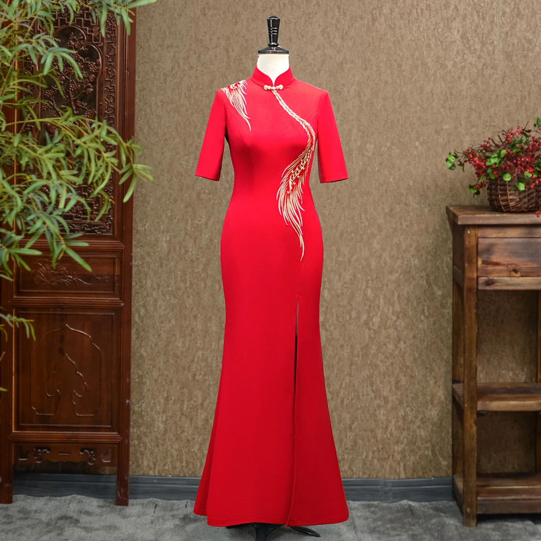 【宜伶老师粉丝福利】凤尾旗袍连衣裙走秀修身气质时尚礼服