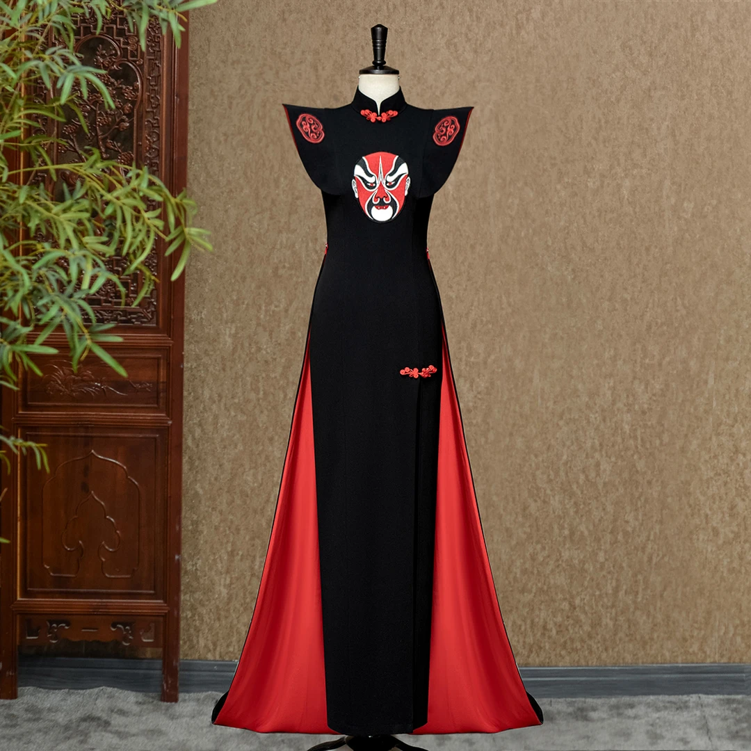 【鸣轩老师粉丝福利】脸谱绮梦走秀旗袍走秀中长款连衣裙