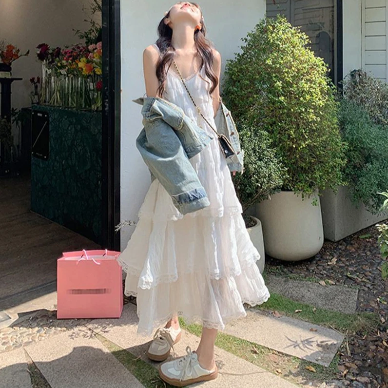 超仙ins法式白色吊带连衣裙女公主森系海边度假风蛋糕裙沙滩长裙