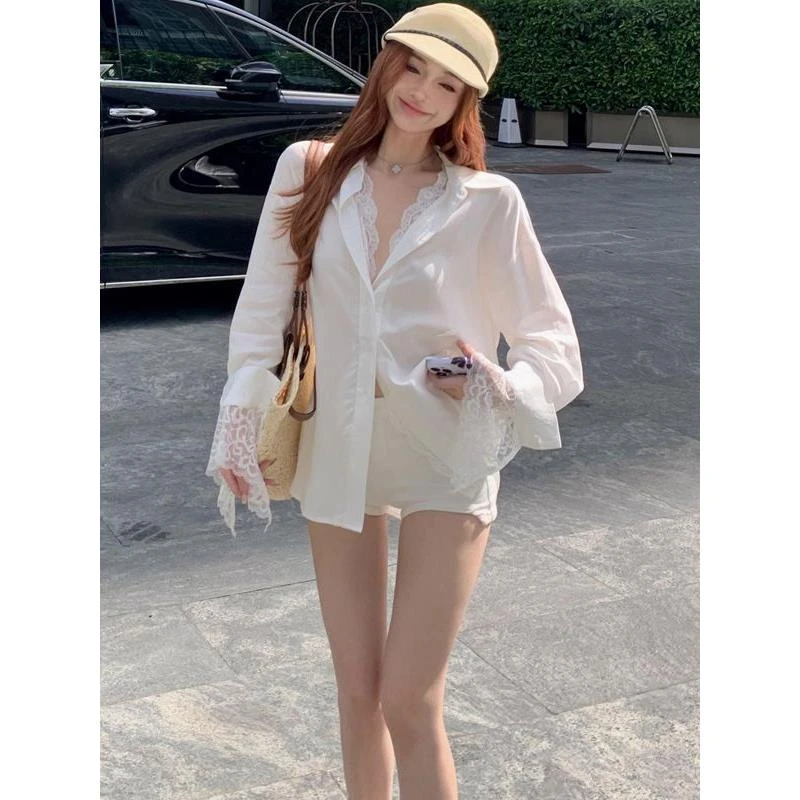 假两件白色长袖宽松衬衫女装夏季蕾丝拼接防晒衬衣中长款气质上衣