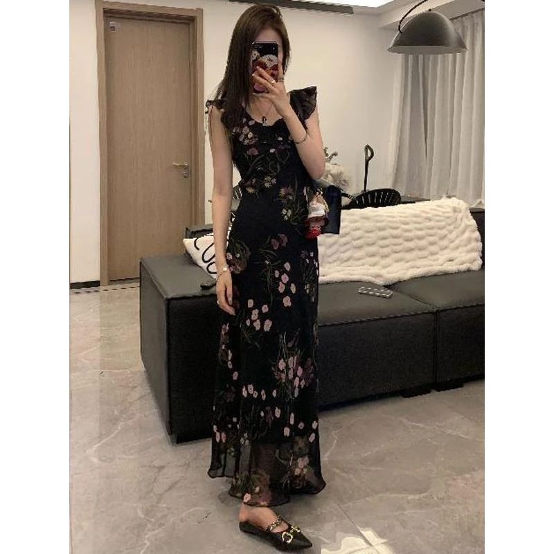吊带长裙黑色荷叶领中长款修身收腰雪纺连衣裙夏季长裙仙女新中式