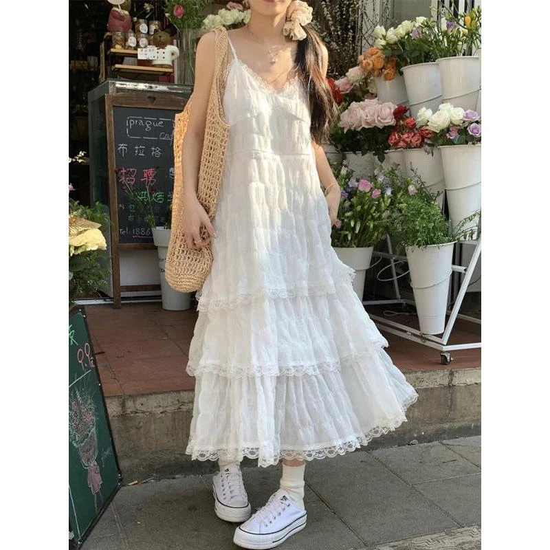 海边度假白色蕾丝吊带连衣裙女仙女裙长裙子蛋糕裙小个子蓬蓬宽松