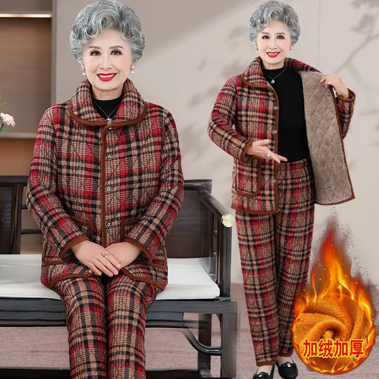 中老年睡衣冬款女三层夹棉加厚家居服套装妈妈款保暖加绒可外穿服