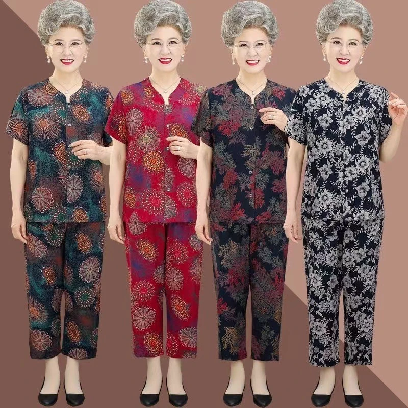 老年人夏装女奶奶装棉绸套装老人妈妈夏季衣服圆领短袖开衫两件套